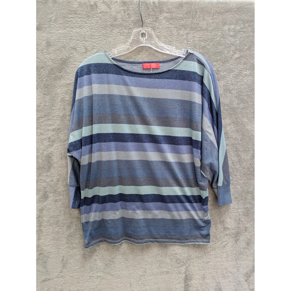 Modern Striped Shimmer Top Womens‎ Medium Blue Grey Metallic Dolman Sleeve Lurex
